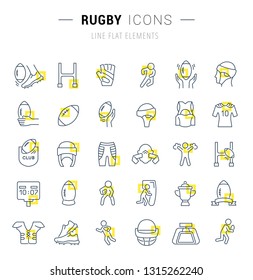 Set of vector line icons and signs with yellow squares of rugby for excellent concepts. Collection of infographics logos and pictograms.