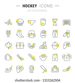 Set of vector line icons and signs with yellow squares of hockey for excellent concepts. Collection of infographics logos and pictograms.