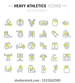 Set of vector line icons and signs with yellow squares of heavy athletics for excellent concepts. Collection of infographics logos and pictograms.