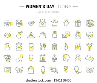 Set of vector line icons and signs with yellow squares of women's day for excellent concepts. Collection of infographics logos and pictograms.