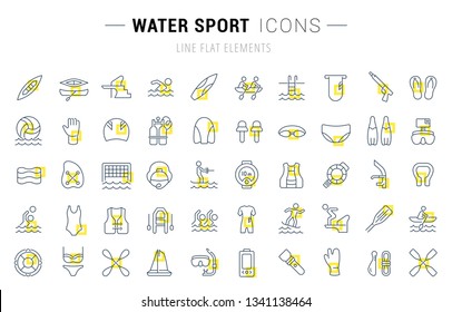 Set of vector line icons and signs with yellow squares of water sport for excellent concepts. Collection of infographics logos and pictograms.