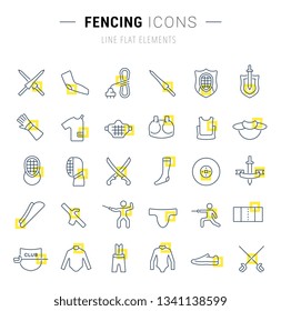 Set of vector line icons and signs with yellow squares of fencing for excellent concepts. Collection of infographics logos and pictograms.