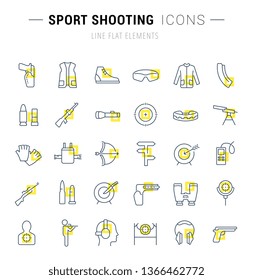 Set of vector line icons and signs with yellow squares of sport shooting for excellent concepts. Collection of infographics logos and pictograms.