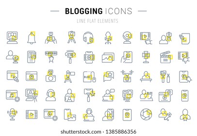 Set of vector line icons and signs with yellow squares of blogging for excellent concepts. Collection of infographics logos and pictograms.