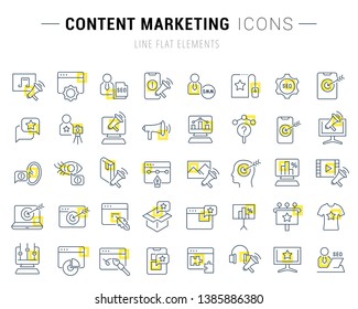 Set of vector line icons and signs with yellow squares of content marketing for excellent concepts. Collection of infographics logos and pictograms.