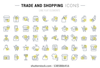 Set of vector line icons and signs with yellow squares of trade and shopping for excellent concepts. Collection of infographics logos and pictograms.