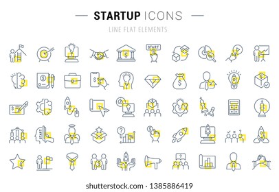 Set of vector line icons and signs with yellow squares of startup for excellent concepts. Collection of infographics logos and pictograms.