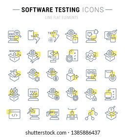 Set of vector line icons and signs with yellow squares of software testing for excellent concepts. Collection of infographics logos and pictograms.