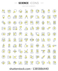 Set of vector line icons and signs with yellow squares of science for excellent concepts. Collection of infographics logos and pictograms.