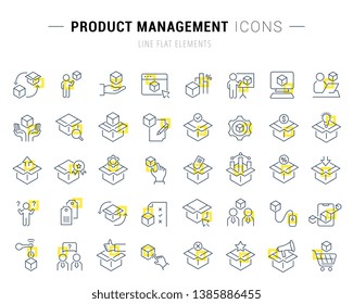 Set of vector line icons and signs with yellow squares of product management for excellent concepts. Collection of infographics logos and pictograms.
