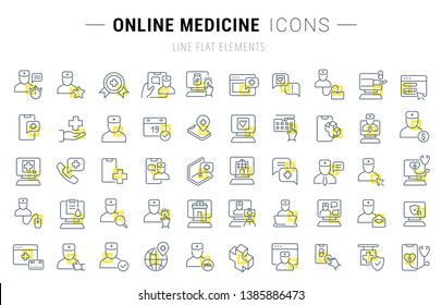 Set of vector line icons and signs with yellow squares of online medicine for excellent concepts. Collection of infographics logos and pictograms.
