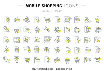 Set of vector line icons and signs with yellow squares of mobile shopping for excellent concepts. Collection of infographics logos and pictograms.