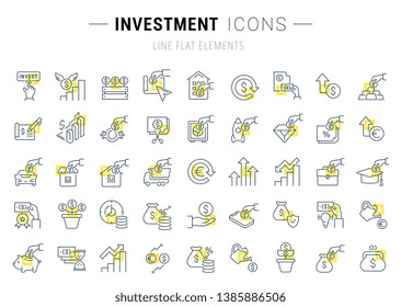 Set of vector line icons and signs with yellow squares of investment for excellent concepts. Collection of infographics logos and pictograms.