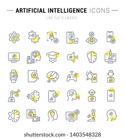 Set of vector line icons and signs with yellow squares of artificial intelligence for excellent concepts.