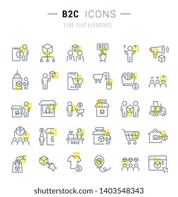 Set of vector line icons and signs with yellow squares of b2c for excellent concepts. Collection of infographics logos and pictograms.