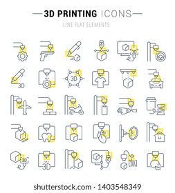 Set of vector line icons and signs with yellow squares of 3d printing for excellent concepts. 