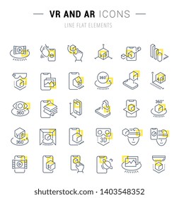 Conjunto de iconos y signos de línea de Vector con cuadrados amarillos de VR y AR para conceptos excelentes. Colección de infografías, logotipos y pictogramas.