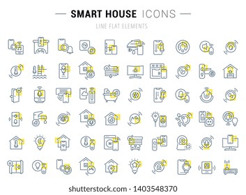 Set of vector line icons and signs with yellow squares of smart house for excellent concepts. Collection of infographics logos and pictograms.