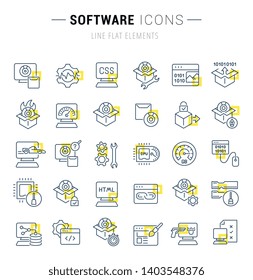 Set of vector line icons and signs with yellow squares of software for excellent concepts.