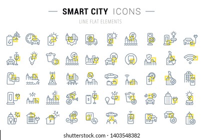 Set of vector line icons and signs with yellow squares of smart city for excellent concepts. Collection of infographics logos and pictograms.