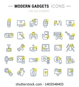 Set of vector line icons and signs with yellow squares of modern gadgets for excellent concepts. Collection of infographics logos and pictograms.