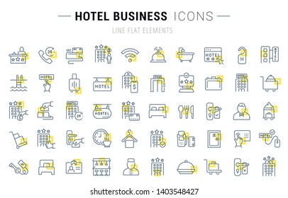 Set of vector line icons and signs with yellow squares of hotel business for excellent concepts. Collection of infographics logos and pictograms.