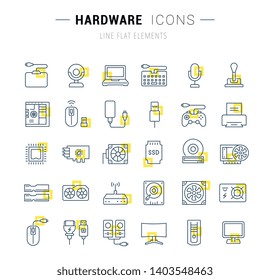 Set of vector line icons and signs with yellow squares of hardware for excellent concepts. Collection of infographics logos and pictograms.