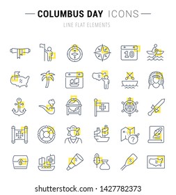Set of vector line icons and signs with yellow squares of columbus day for excellent concepts.