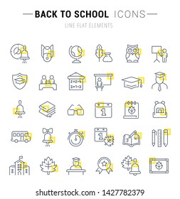 Set of vector line icons and signs with yellow squares of back to school for excellent concepts.