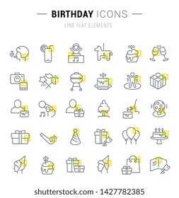Set of vector line icons and signs with yellow squares of birthday for excellent concepts.