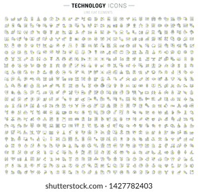 Set of vector line icons and signs with yellow squares of technology for excellent concepts.