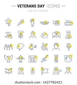 Set of vector line icons and signs with yellow squares of veterans day for excellent concepts.