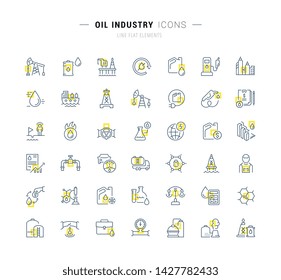 Set of vector line icons and signs with yellow squares of oil industry for excellent concepts.