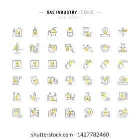 Conjunto de iconos y signos de línea vectorial con cuadrados amarillos de la industria del gas para conceptos excelentes.