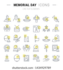 Set of vector line icons and signs with yellow squares of memorial day for excellent concepts.