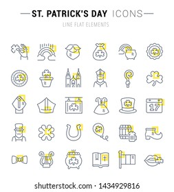Set of vector line icons and signs with yellow squares of saint patrick's day for excellent concepts.