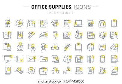 Set of vector line icons and signs with yellow squares of office supplies for excellent concepts.