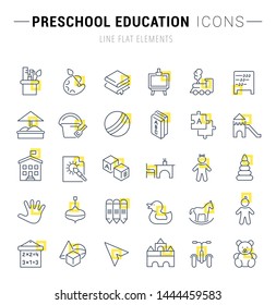 Set of vector line icons and signs with yellow squares of preschool education for excellent concepts.