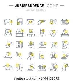 Set of vector line icons and signs with yellow squares of jurisprudence for excellent concepts.