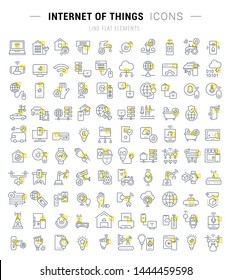 Set of vector line icons and signs with yellow squares of internet of things for excellent concepts.