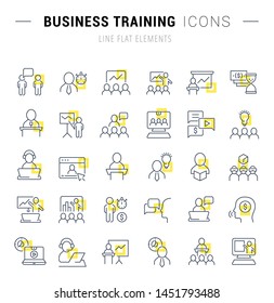 Set of vector line icons and signs with yellow squares of business training for excellent concepts. 