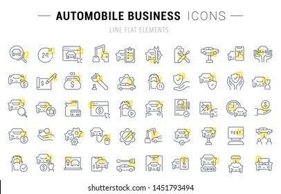 Set of vector line icons and signs with yellow squares of automobile business for excellent concepts. 