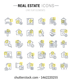 Conjunto de iconos vectoriales y signos con cuadrados amarillos de bienes raíces para conceptos excelentes. 