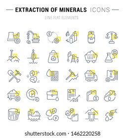 Set of vector line icons and signs with yellow squares of extraction of minerals for excellent concepts.