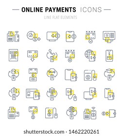Set of vector line icons and signs with yellow squares of online payments for excellent concepts. 