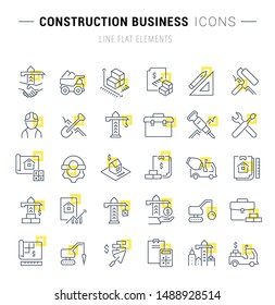 Set of vector line icons and signs with yellow squares of construction business for excellent concepts.