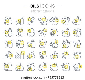 Set of vector line icons and signs with yellow squares of oils for excellent concepts. Collection of infographics logos and pictograms.