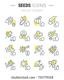 Set of vector line icons and signs with yellow squares of seeds for excellent concepts. Collection of infographics logos and pictograms.