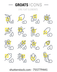 Set of vector line icons and signs with yellow squares of groats for excellent concepts. Collection of infographics logos and pictograms.