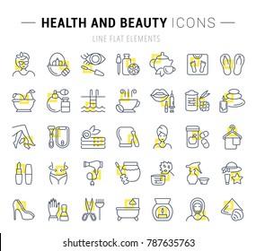 Conjunto de iconos vectoriales y signos con cuadrados amarillos de salud y belleza para conceptos excelentes. Colección de logotipos y pictogramas de infografía.